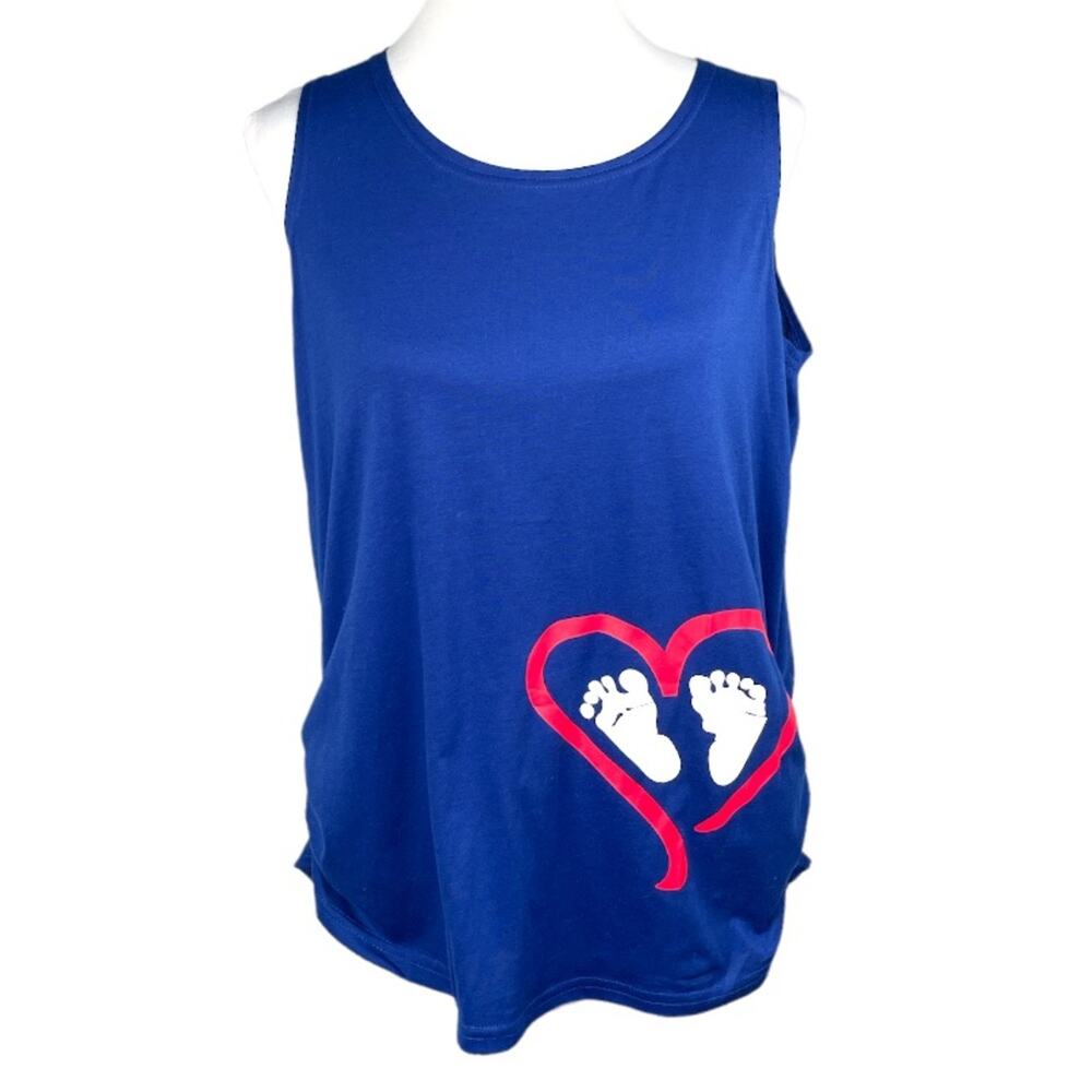Maternity Tank Top With Baby Feet and Heart Around Them Blue Size XLarge